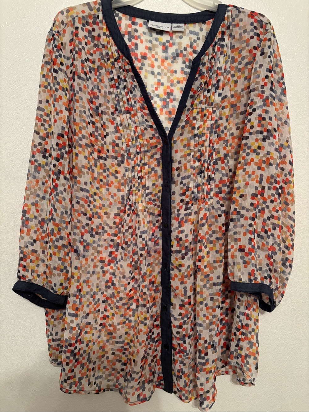 Liz Claiborne Multicolor Dot Print Blouse with Navy Trim 3XL